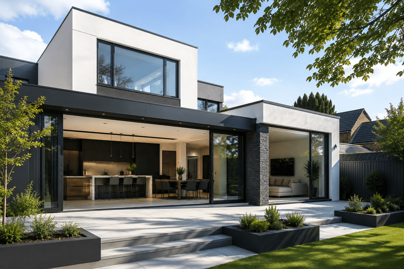 Luxury open-plan residential renovation with warm lighting, walnut cabinetry, stone finishes, and garden views